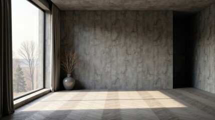 Serene minimalist room interior design featuring a large window, concrete walls, hardwood flooring, and a simple vase with dried branches.