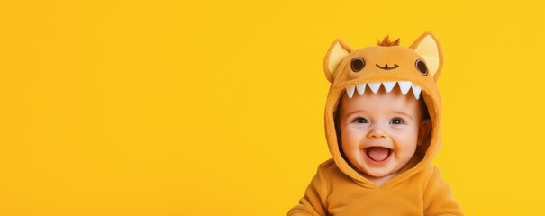 Adorable baby smiling and wearing lion cub costume on yellow background