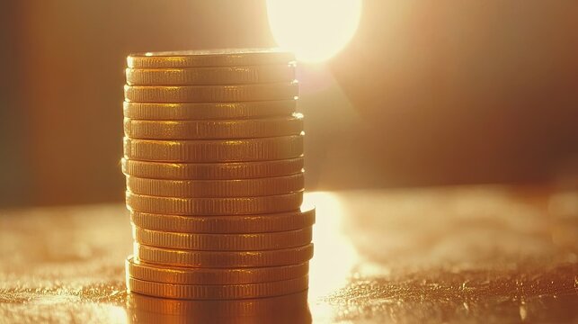 A stack of gold coins with a light flare, symbolizing financial success and prosperity.