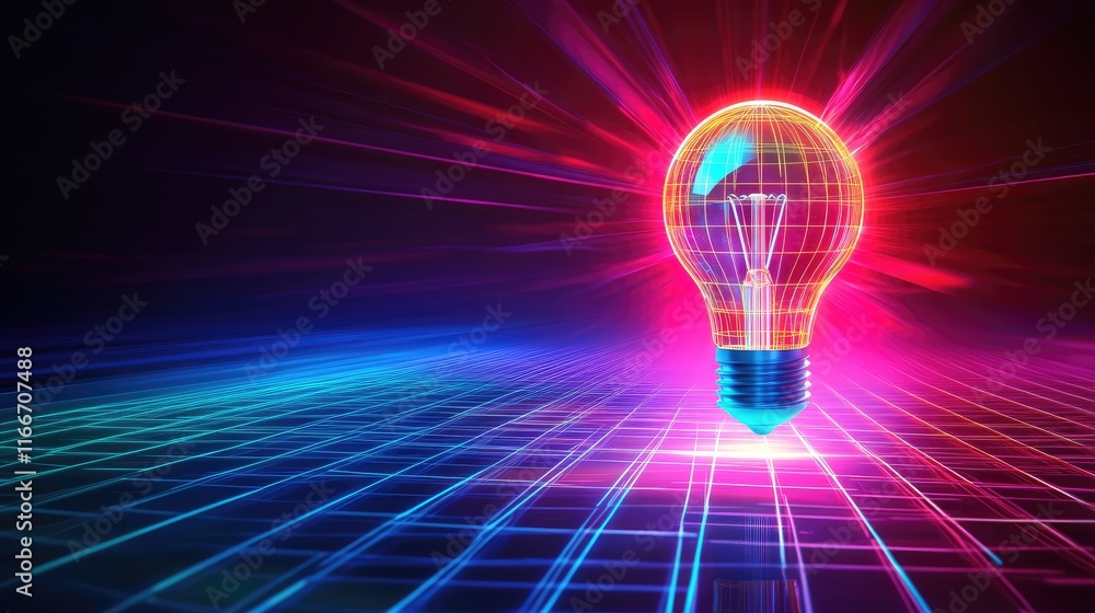 Poster a vibrant light bulb floating in a luminous grid, symbolizing new business concepts.