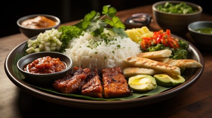 Fototapeta premium Delicious Asian Fusion Cuisine: Grilled Fish with Rice, Sauces, and Vegetables