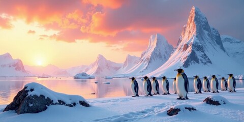 Majestic King Penguins at Sunset on a Frozen Landscape, Walking in Single File Towards a Vibrant Horizon