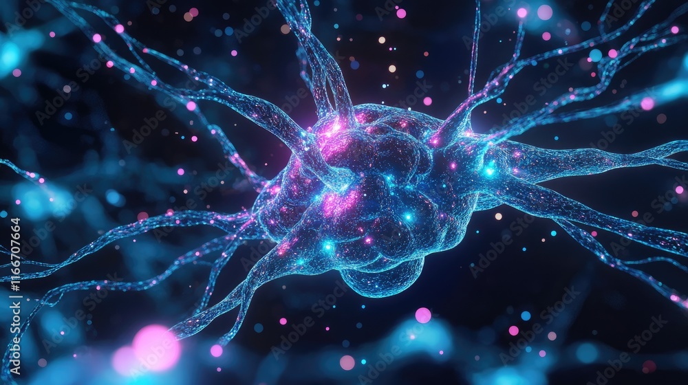 Poster dynamic d ai neural pathways glowing in a black void with vibrant violet and blue tones.