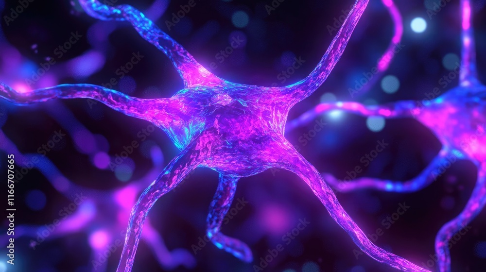 Aufkleber dynamic d ai neural pathways glowing in a black void with vibrant violet and blue tones.