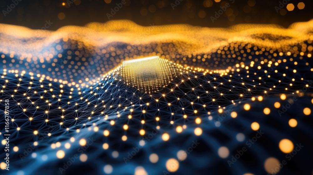 Poster floating hexagonal patterns with a glowing ai chip at the center, radiating energy waves. gradient b