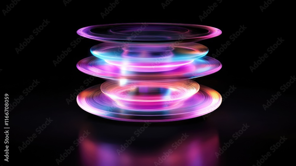 Aufkleber futuristic spinning ai hologram with layers of glowing rings and data streams. minimalistic black ba