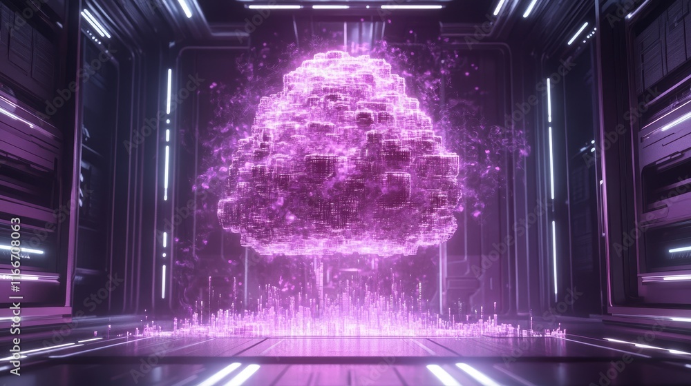 Poster futuristic holographic financial charts emerging from a luminous ai neural network on a sleek canvas