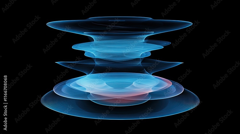 Poster futuristic spinning ai hologram with layers of glowing rings and data streams. minimalistic black ba