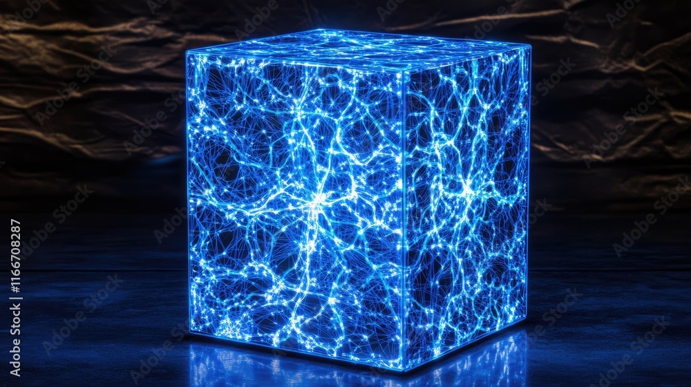 Poster glowing holographic cube displaying interconnected ai neural networks in futuristic blue tones. dark