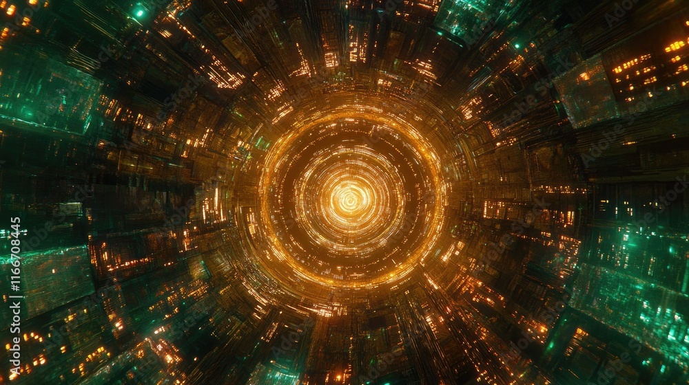 Poster luminous ai network core surrounded by concentric glowing circuits radiating digital energy.