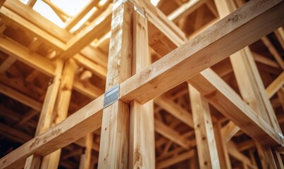 Wooden Framework of Modern House Under Construction with Natural Lighting
