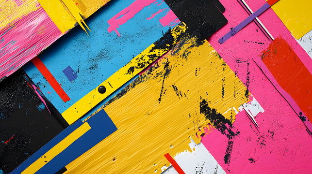 Vibrant abstract art featuring bold colors and textured brush strokes, showcasing mix of yellow, pink, blue, and black. This energetic design evokes creativity and urban style