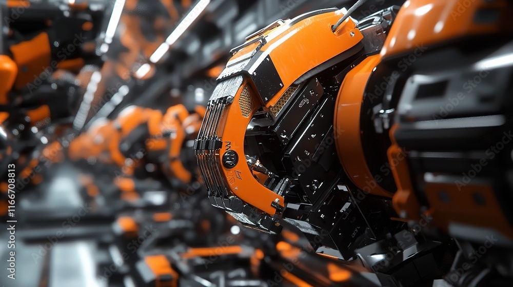 Poster industrial robots working in 3d rendering environment