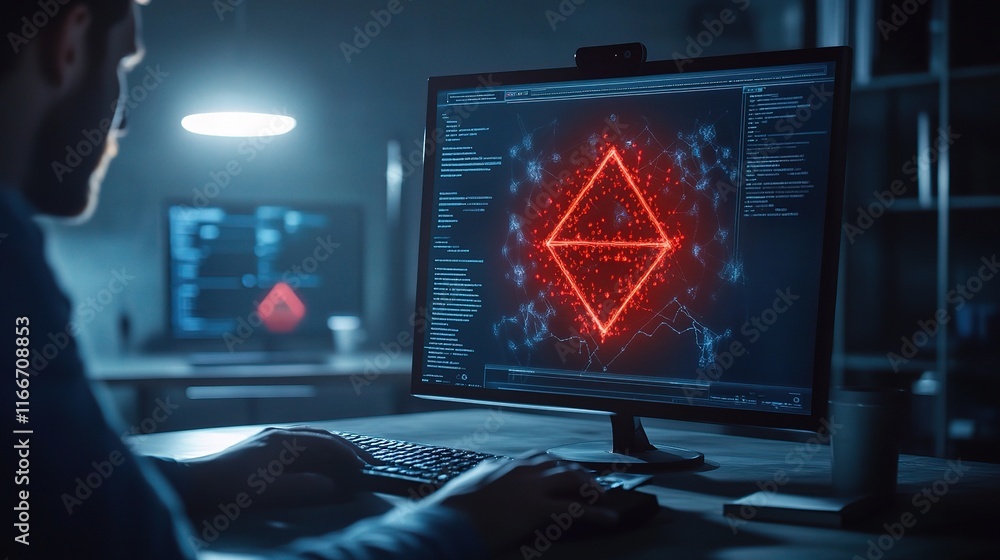 Poster red virus alert icon on computer screen with glowing effects