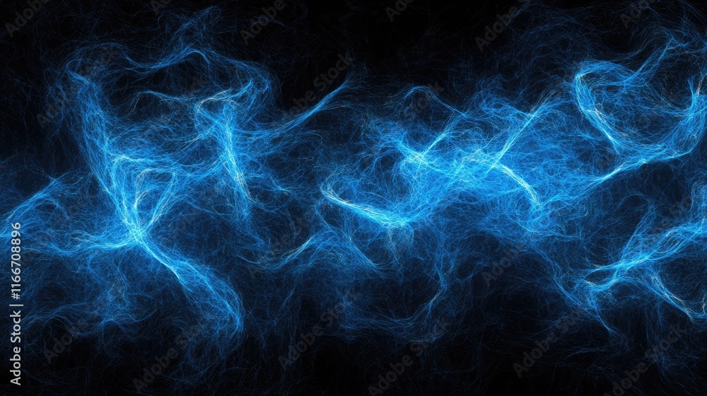 Poster pulsating neon blue data streams forming glowing ai trends and innovation symbols in an abstract dar