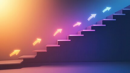 Obraz premium Abstract arrows climbing glowing stairs on a sleek futuristic gradient background.