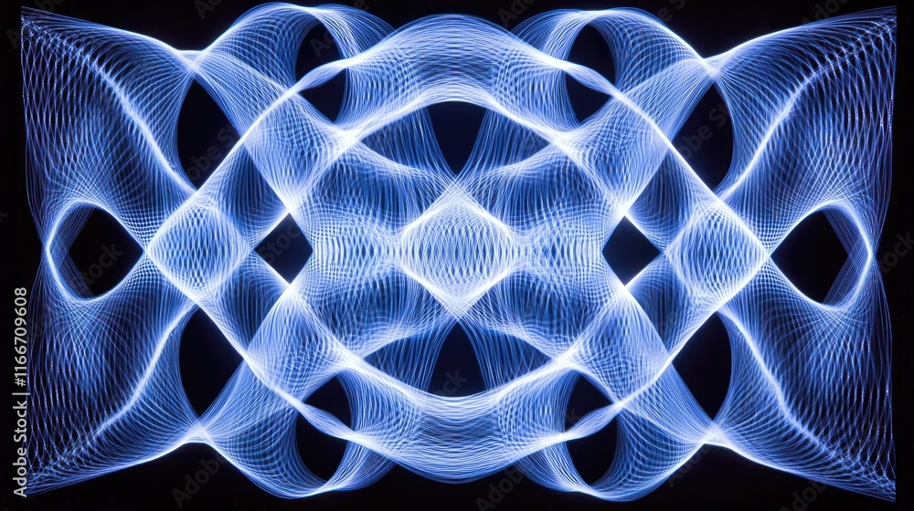Poster abstract glowing grid resembling a neural network spanning into infinity on a dark canvas. electric 