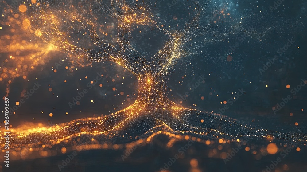 Poster abstract glowing nodes forming a tree shape, symbolizing branching business ideas.