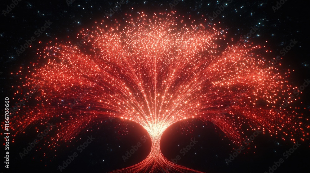 Poster abstract glowing nodes forming a tree shape, symbolizing branching business ideas.