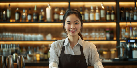 A beautiful, young Asian female bartender stands behind the bar counter in a cozy bar and smiles. Advertising banner for a bar.
