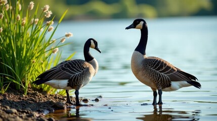 Fototapeta premium Two majestic Canada geese gracefully stand at the tranquil waters edge, their plumage shimmering in the soft sunlight, surrounded by lush green vegetation.