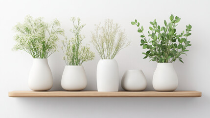 Elegant minimalist shelf decor featuring white vases with lush greenery and delicate flowers, enhancing modern home aesthetics beautifully.