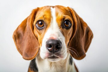 A captivating close-up aerial shot of a Beagle, isolated on a pristine white background.