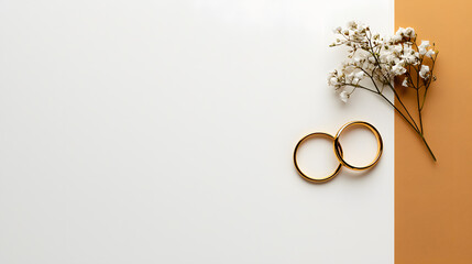 Elegant wedding rings on minimalist background with delicate flowers, symbolizing love and commitment. Perfect for wedding themes and romantic occasions