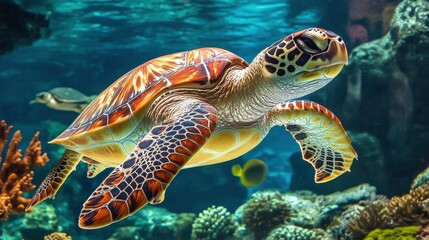Fototapeta premium Graceful Turtles Gliding Through Coral Reef Waters