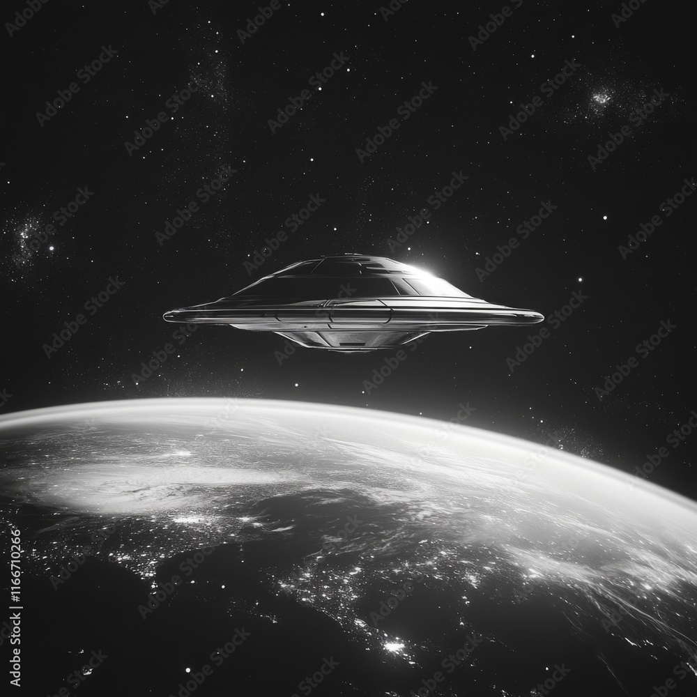Poster monochrome spaceship hovering over earth.