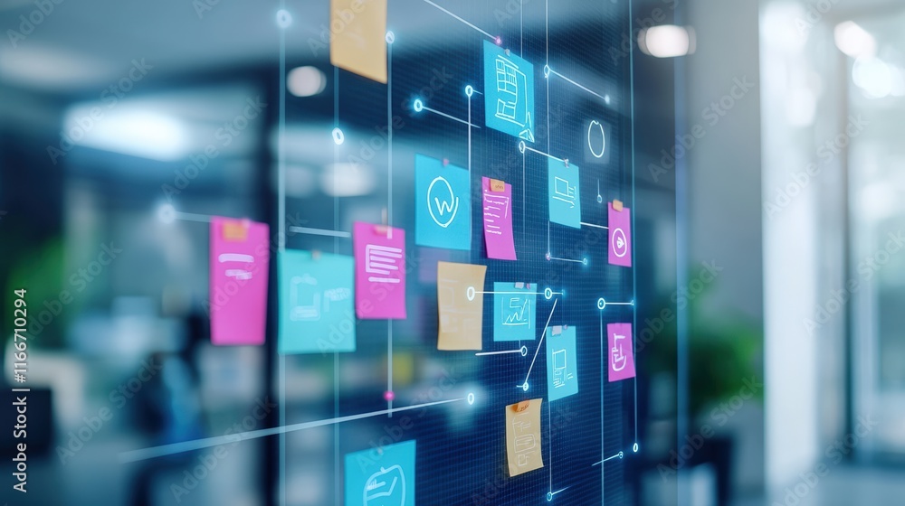 Poster a futuristic display showcasing a digital project management interface with colorful nodes, flowchar