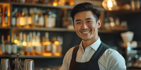 A young Asian male bartender stands behind the bar counter in a cozy bar and smiles. Advertising banner for a bar.