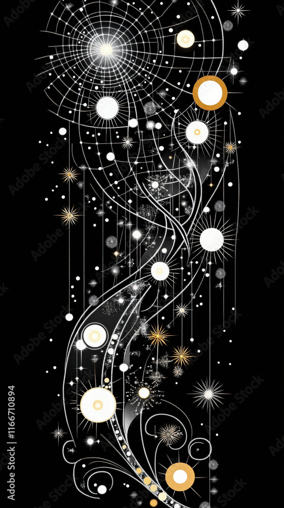 Poster mesmerizing abstract cosmic design featuring glowing celestial patterns and swirling lines, capturin