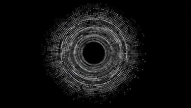 A Sleek Digital Artwork With a Black Background Showcasing a Central Circular Design of Radiant Silver Dots