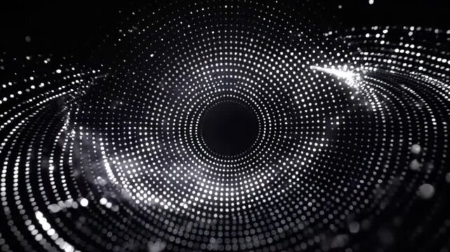 A Sleek Digital Artwork With a Black Background Showcasing a Central Circular Design of Radiant Silver Dots