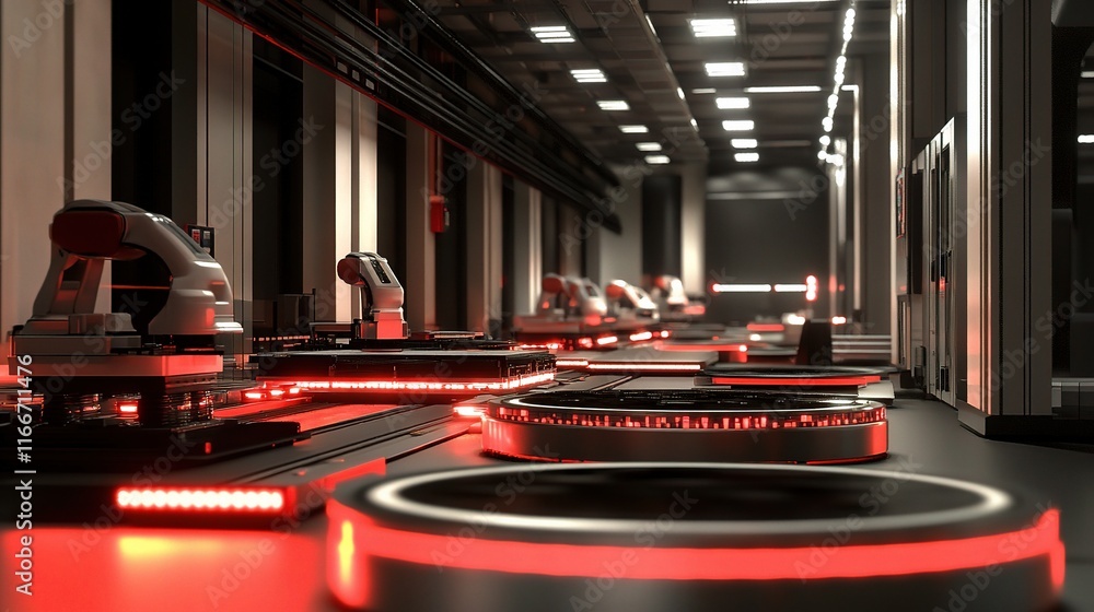 Poster 3d rendering of industrial robots working in automated environment
