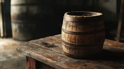 Naklejka premium Rustic Wooden Barrel on an Old Table in a Dimly Lit Room