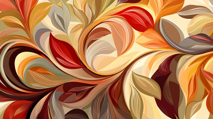 Abstract swirling patterns of autumn leaves in warm colors create vibrant and dynamic composition. rich hues of red, orange, and gold evoke sense of seasonal change and beauty