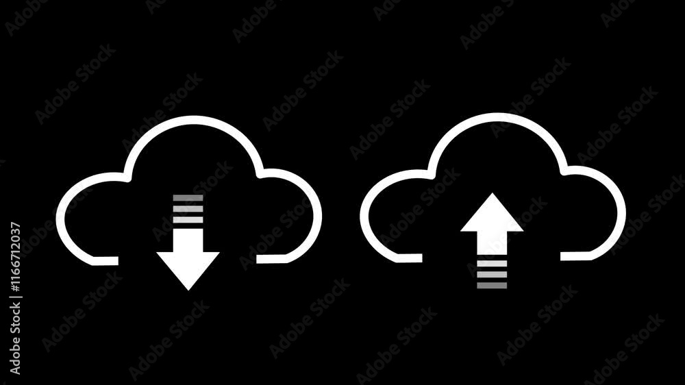 Poster upload cloud arrow and download symbol isolated black background, computer server and web storage co