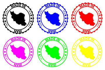 Made in Iran - rubber stamp - vector, Iran map pattern - black, green, blue, yellow, purple and red