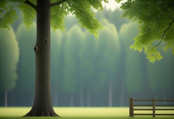 Obraz premium A large tree with vibrant green leaves partially obscures a simple wooden fence in a pastoral setting. The background is a softly blurred green field and trees
