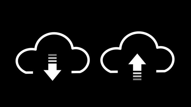 Upload cloud arrow and download symbol isolated black background, computer server and web storage concept  