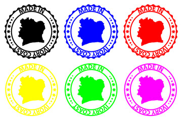 Made in Ivory Coast - rubber stamp - vector, Ivory Coast map pattern - black, blue, green, yellow, purple and red