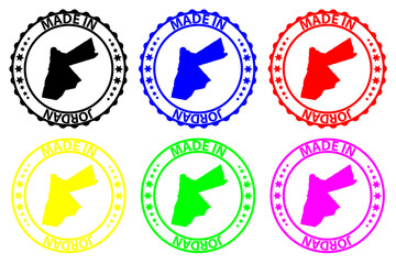 Made in Jordan - rubber stamp - vector, The Hashemite Kingdom of Jordan map pattern - black, blue, green, yellow, purple and red