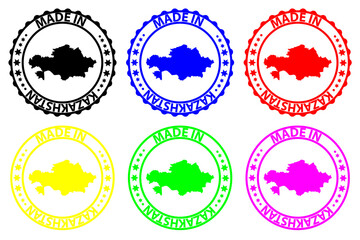 Made in Kazakhstan - rubber stamp - vector, Kazakhstan map pattern - black, blue, green, purple, yellow and red
