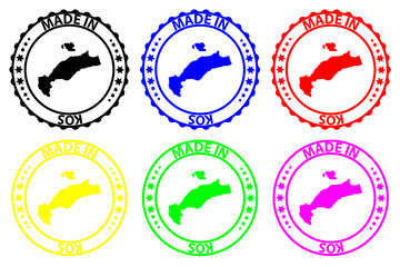 Made in Kos - rubber stamp - vector, Kos(Cos) map pattern - black, blue, green, yellow, purple and red