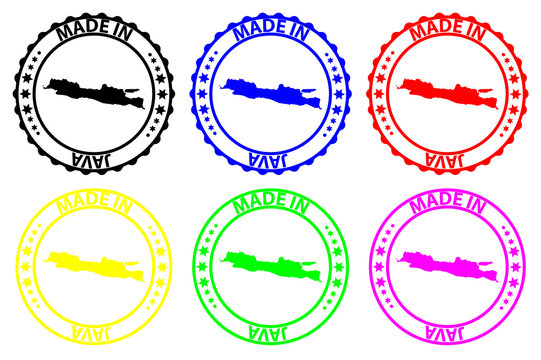 Made in Java - rubber stamp - vector, Java map pattern - black, blue, green, yellow, purple and red