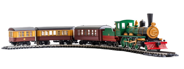 Vintage steam locomotive model with colorful carriages on tracks, showcasing intricate details and craftsmanship. Perfect for collectors and train enthusiasts