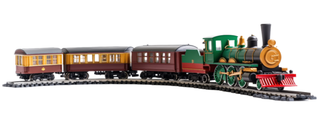 Vintage steam locomotive model with colorful carriages on tracks, showcasing intricate details and craftsmanship. Perfect for collectors and train enthusiasts