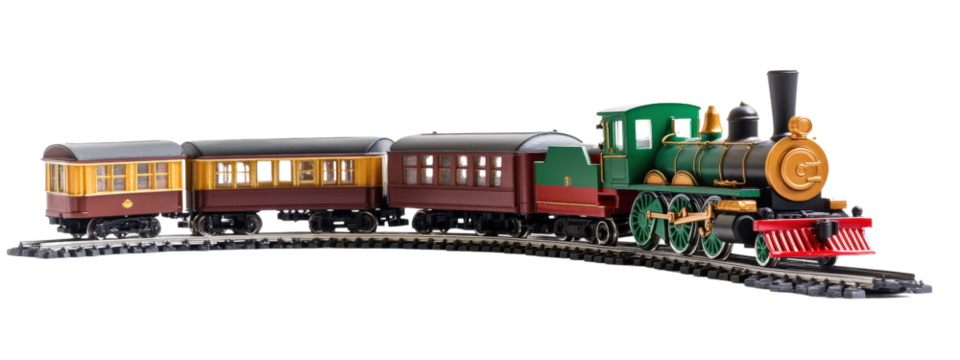 Vintage steam locomotive model with colorful carriages on tracks, showcasing intricate details and craftsmanship. Perfect for collectors and train enthusiasts